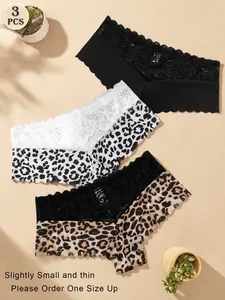 LangLey 3pcs Women Sexy Lace Mid-Waist Leopard Print Comfortable Breathable Panties, Please Order One Size Up If Needed