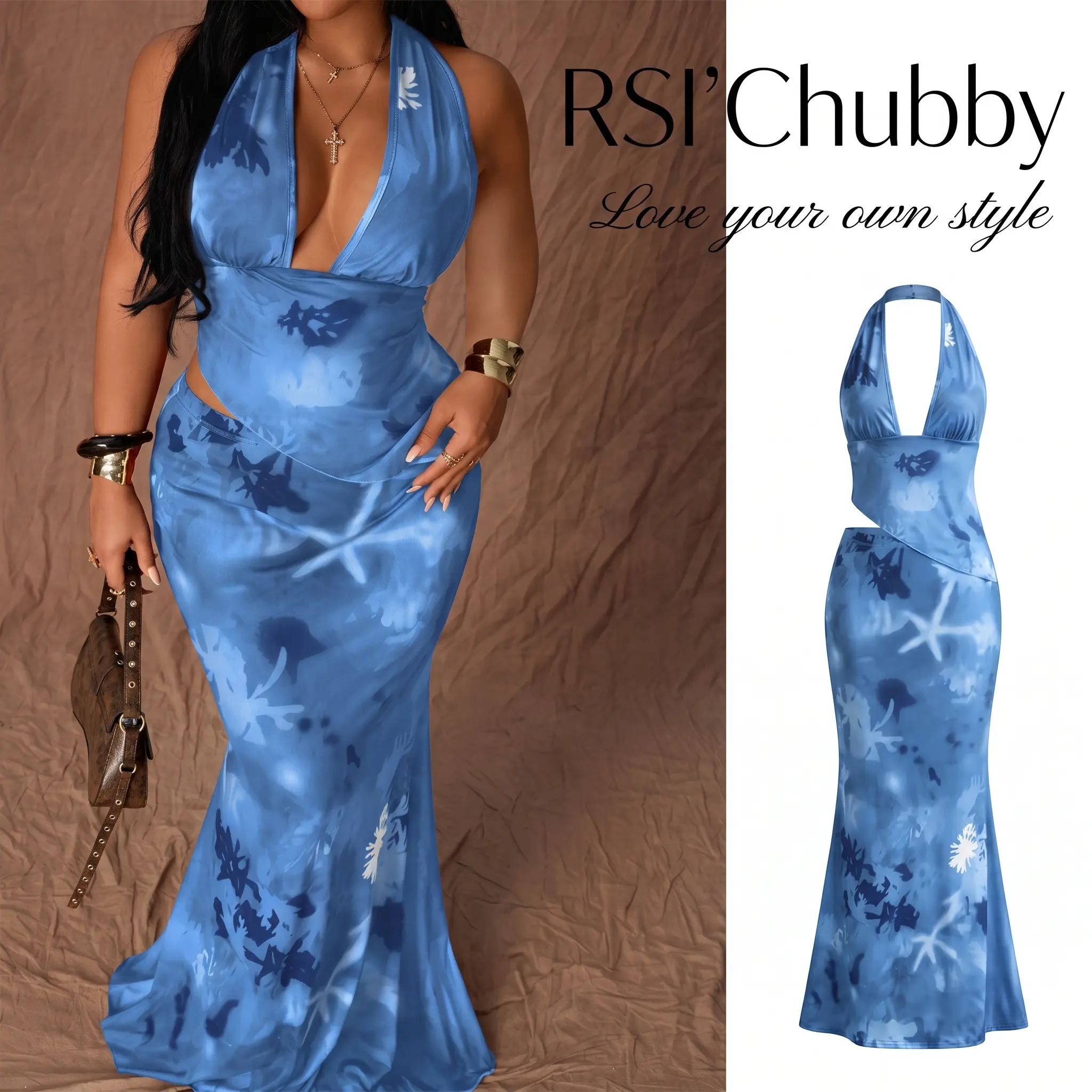 Women's Plus Size 2 Piece Matching Sets Tie Dye Halter Neck Asymmetrical Top and Bodycon Long Mermaid Skirt Outfits Summer Sexy Night Out
