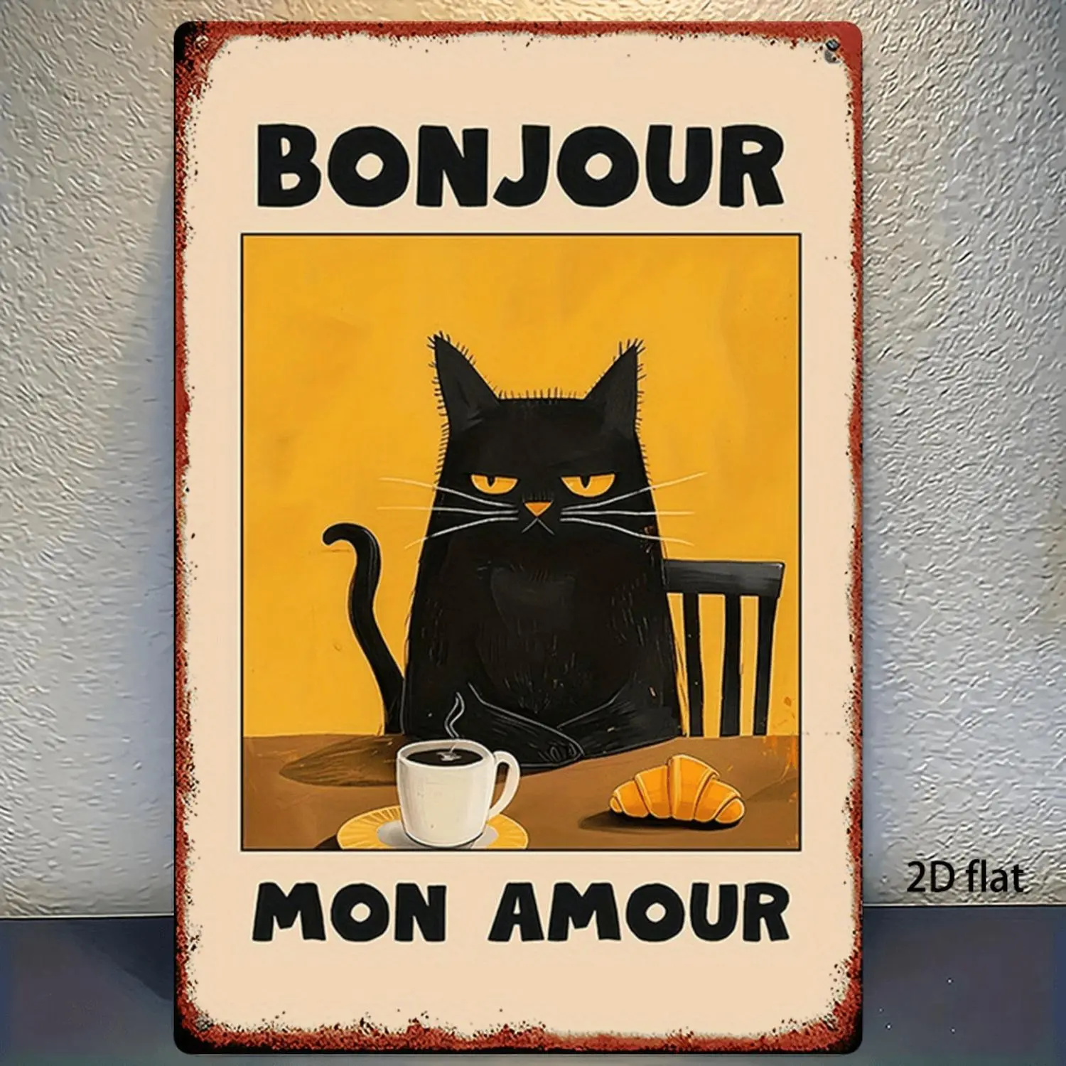 Vintage French Metal Wall Art Featuring a Cat Ideal for Cafe Bar Or Home Decor Rustic Iron Plaque Measures 8x12 Inches Including Bonjour And Mon Amour Perfect for Parisian Themed Spaces