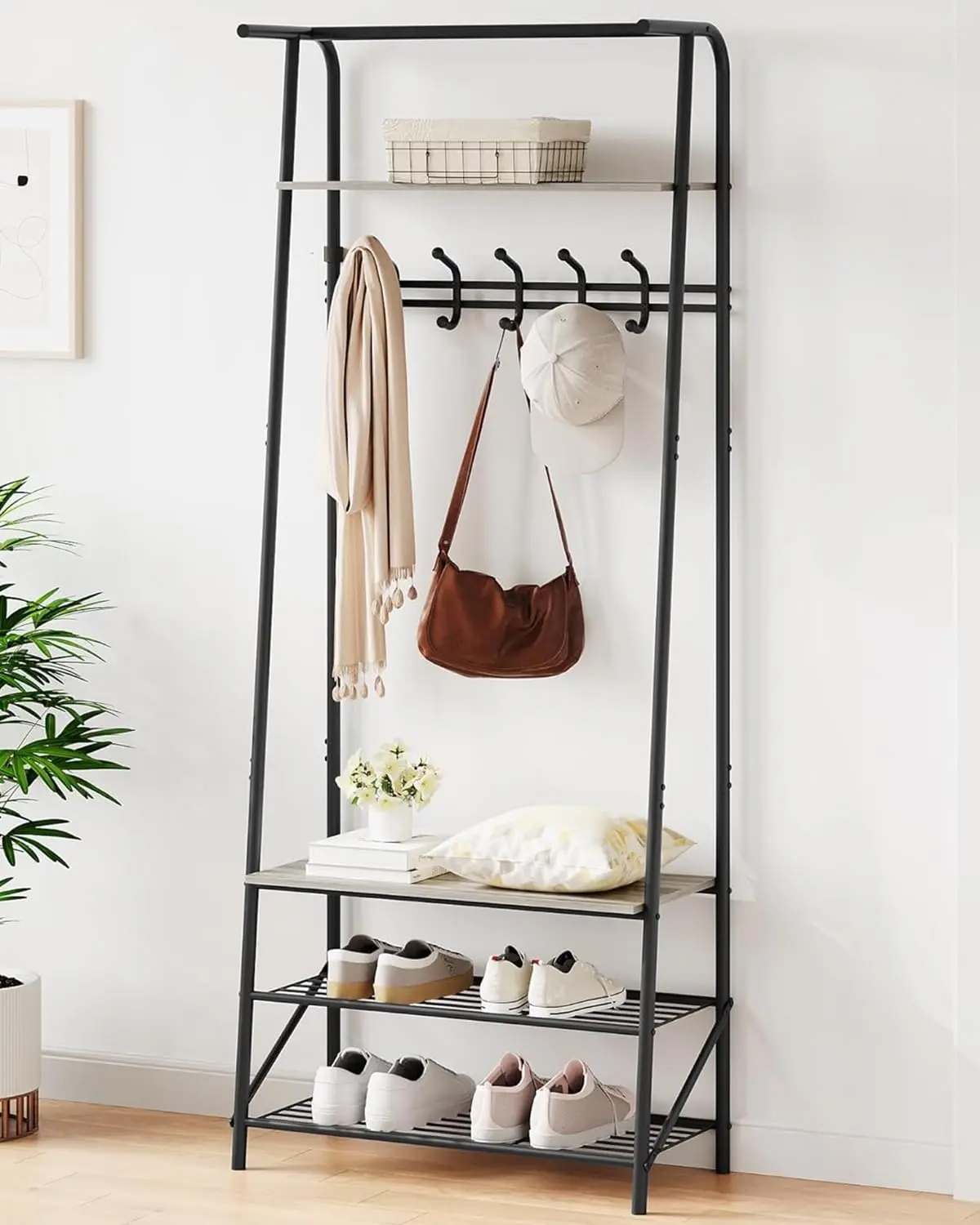 GARVEE Coat Rack Shoe Bench with 5 Hooks, Hall Trees Entryway Bench with Storage, Wood Look Accent Furniture with Metal Frame for Entryway, Living Room, Bedroom