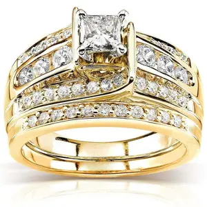 New gold-plated Princess synthetic moissanite ring set with cubic zirconia, European and American luxury two-piece engagement ring
