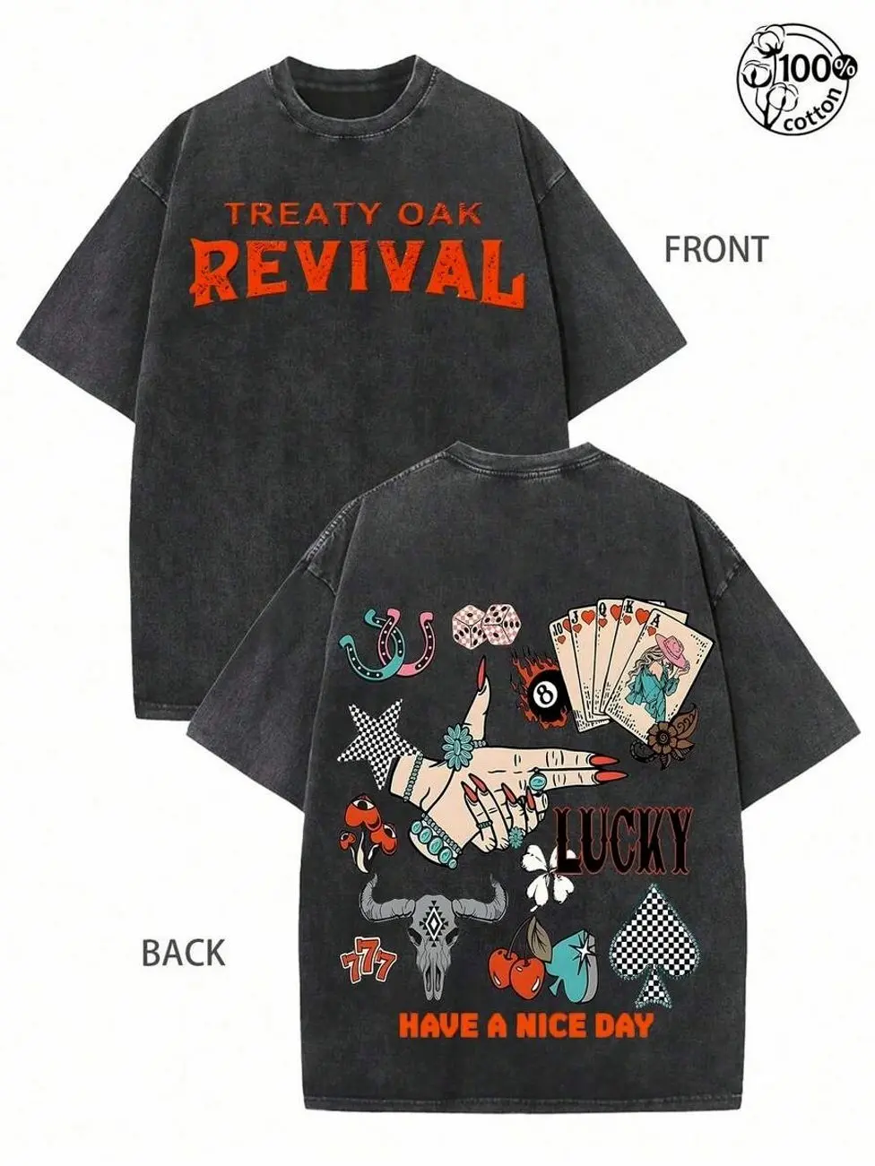 Treaty Oak Revival Lucky Graphic T-Shirt – Retro Washed Cotton Tee, Playing Cards & Horseshoe Print, Oversized Streetwear Short Sleeve Unisex Gift Q0X
