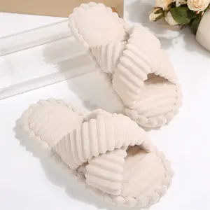 Women's Fuzzy Cross Band Slippers Corduroy Textured Open Toe Slides, Warm Indoor Shoes with Trendy Design