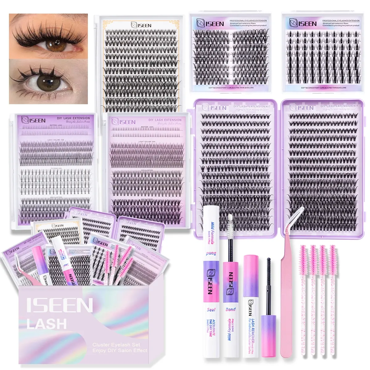 Mix Eyelash Gift Set 6 Boxes, Various Lengths, D Curl, Large Capacity, DIY False Lashes, Natural Soft, Includes Glue Layer, Tweezers Brush, Cosmetic Eyelash Extension, Eyelash Extension Kit