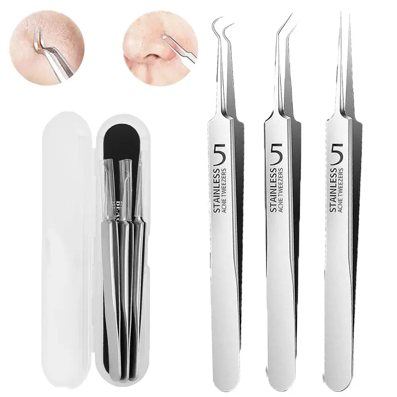 4-in-1 Blackhead Remover Tweezers Set, Super Hard Stainless Steel Acne Extractor Tool Kit, Ultra Precision Pimple Popper Tool with Hook Straight Oblique Tips, for Blackheads Zits Ingrown Hairs, Professional & Beginner Friendly