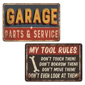 Vintage Garage & Tool Rules Metal Tin Sign, Vintage Garage Signs, Rustic Metal Wall Art Posters Plaques Decoration for Gas Station, Bar, Garage, Man Cave