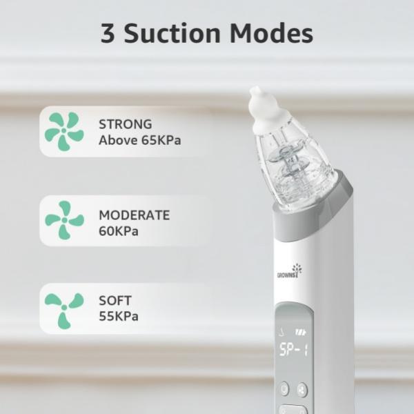 Grownsy Nasal Aspirator for Baby, Electric Nose Aspirator for Toddler, Baby Nose Sucker, Automatic Nose Cleaner with 3 Silicone Tips, Adjustable Suction Level, Music and Light Soothing Function