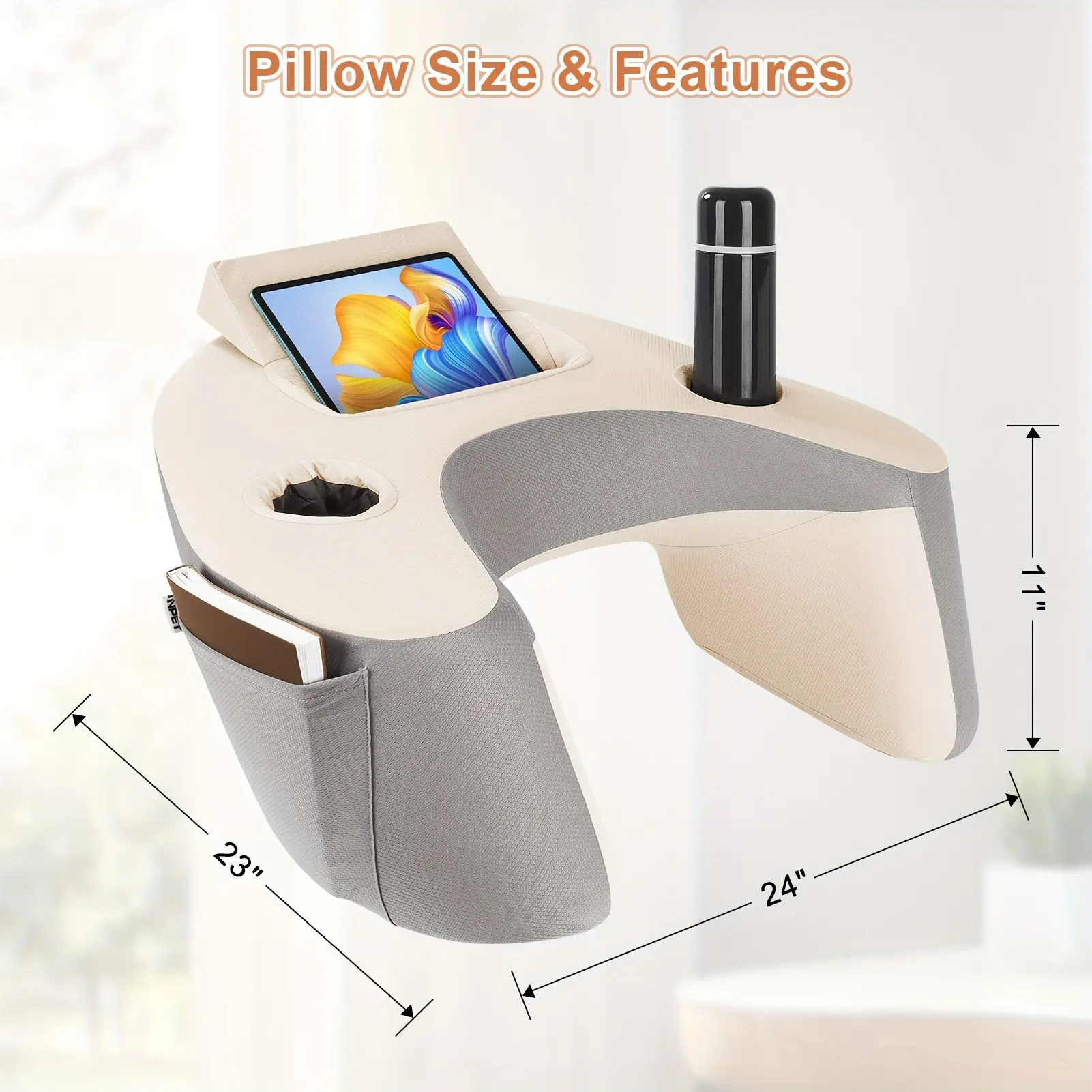 2 Side Pockets & Cup Holders Memory Foam Reading Pillow Couch Lap Desk For Gaming, Unisex Reading & Working On Bed Sofa Floor With Washable Cover And Arm Rest Pillow