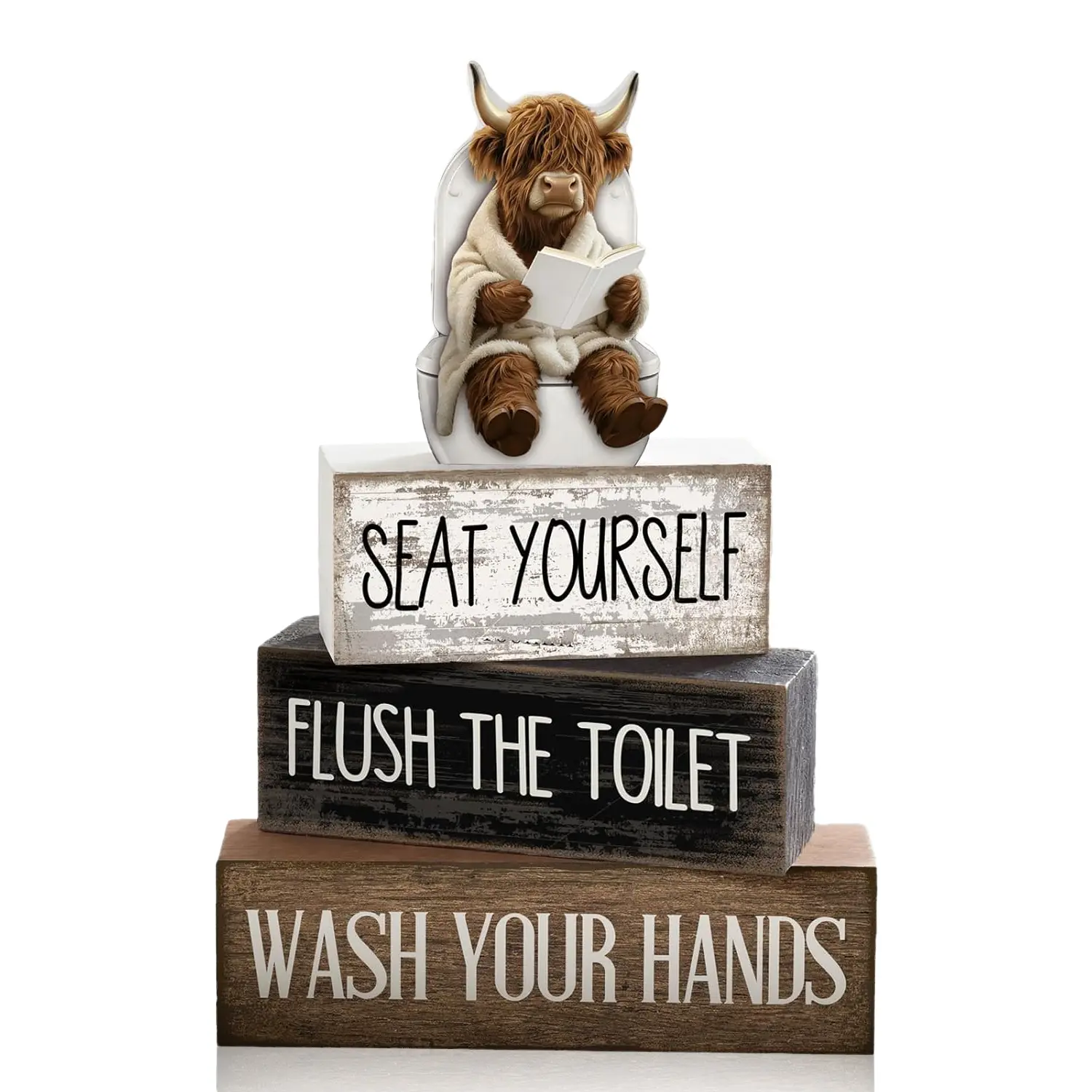 7 in 4-Piece Wood Highland Cow Decorative Animal Signs Bathroom Set - Farmhouse-Style Christmas Home Decor Centerpiece, Western-Themed Home Supplies