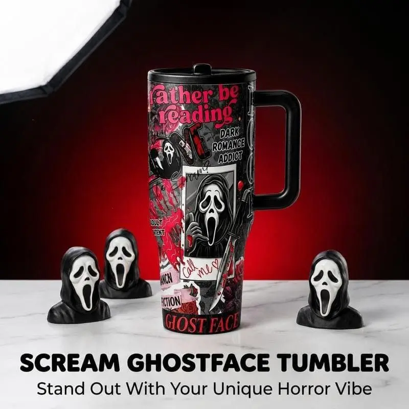 1pc 40oz Scream Ghostface Dark Romance Reading Tumbler with Handle, Leakproof Lid and Straw, Double Wall Vacuum Insulated Stainless Steel Cup Drinkware, Keeps Hot 12H Cold 24H, TikTok Viral Cup for Car Office Iced Coffee Daily Use