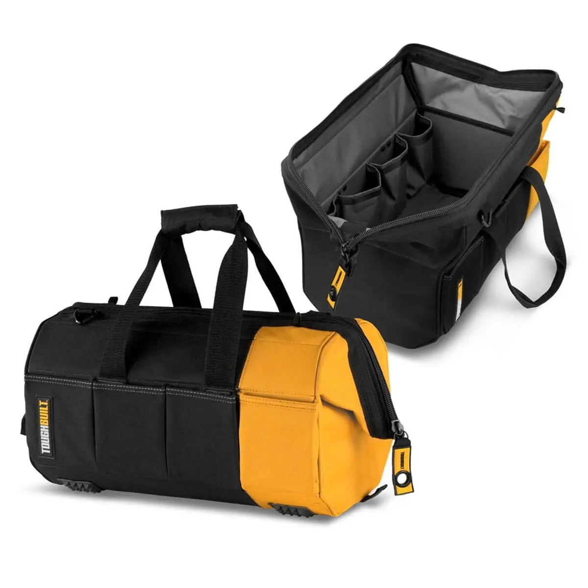 212 MAIN Toughbuilt 2018328 Tool Storage Bag Organizer, 10x16x5.75 in. Polyester Massive Mouth Design, 38 Pockets, Shoulder Straps, Black/Gray/Orange
