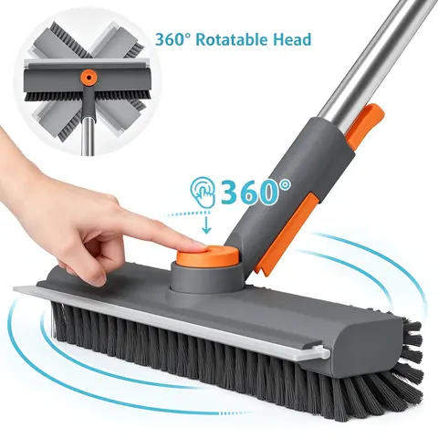 AIR U+ 3-in-1 Floor Scrub Brush, 360° Rotatable Head, Adjustable Long Handle, Heavy Duty Hard Bristles & Scraper, Wet Dry Home Deep Cleaning Brush Broom for Bathroom, Patio Home Care