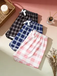 Women's 3 Pack Sleep Shorts, Spring & Summer Wearable, Plaid Print with Bow Decor, Breathable Comfortable Style, Daily Home Loungewear