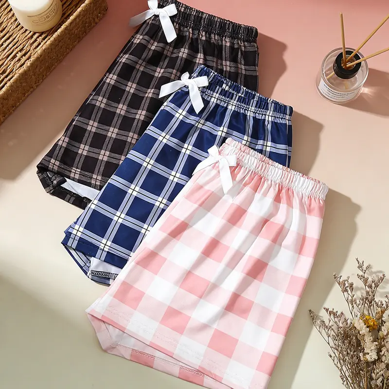 Women's 3 Pack Sleep Shorts, Spring & Summer Wearable, Plaid Print with Bow Decor, Breathable Comfortable Style, Daily Home Loungewear, Pajama