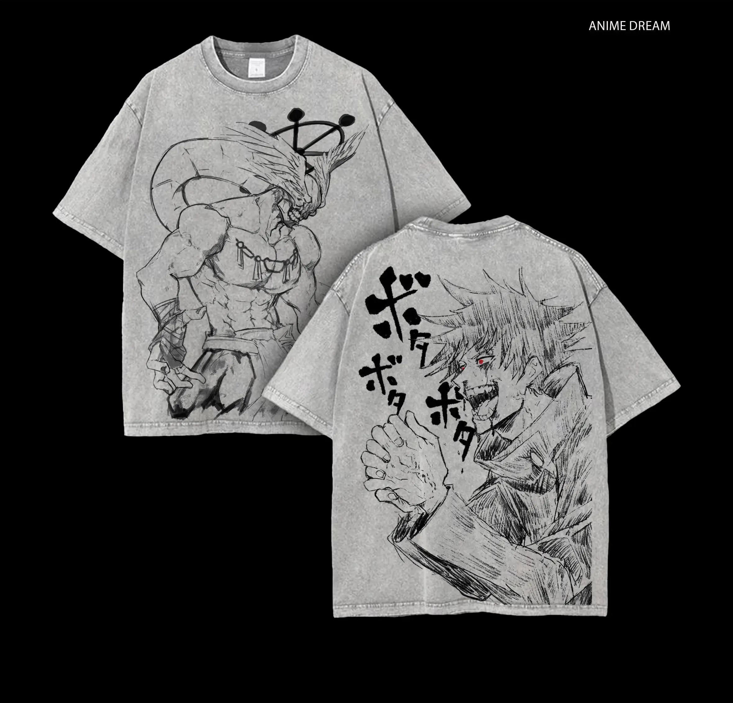 Megumi JJK Anime Double Printed Vintage Washed Tee Unisex Oversize Heavyweight Cotton T-shirt for Anime Fans and Lovers