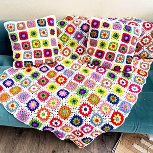 Handmade Crochet Granny Square Throw Blanket Colorful Sofa Decor