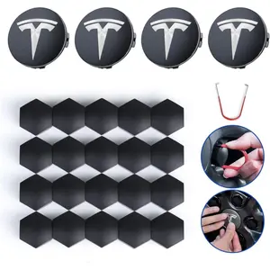 Wheel Center Caps for Tesla Model 3/Y/S/X Latest Version, 4PCS Hub Cap Center Cover Emblem Kit with 20 Lug Nut Covers & Removal Tool, Matte Black Silver Logo, ABS Waterproof Anti-Rust Dustproof Tesla