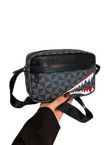 Unisex Square PU Leather Print Crossbody Bag, Shark Mouth Detail, Adjustable Shoulder Strap, Streetwear Style, All Seasons