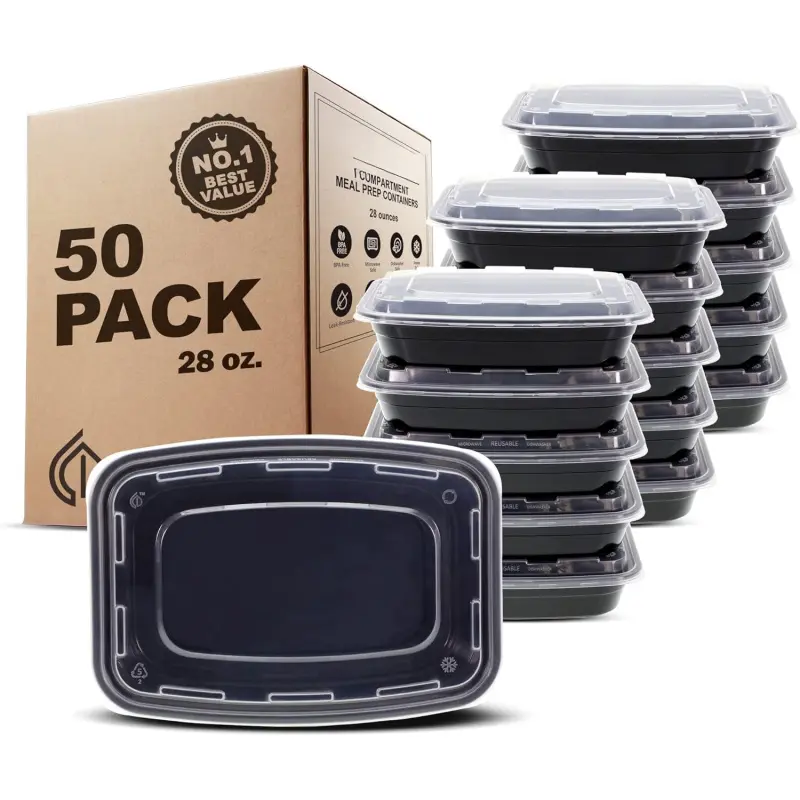 50-Piece Polypropylene Kitchen Meal Prep Containers, 28oz_50pk Airtight Seal BPA-Free Stackable 1-Compartment Bento Boxes, Microwave/Dishwasher/Freezer Safe, Kids-Friendly (Not for Under 3 Years, Build Muscle Support), 50 Pieces, Control Portions