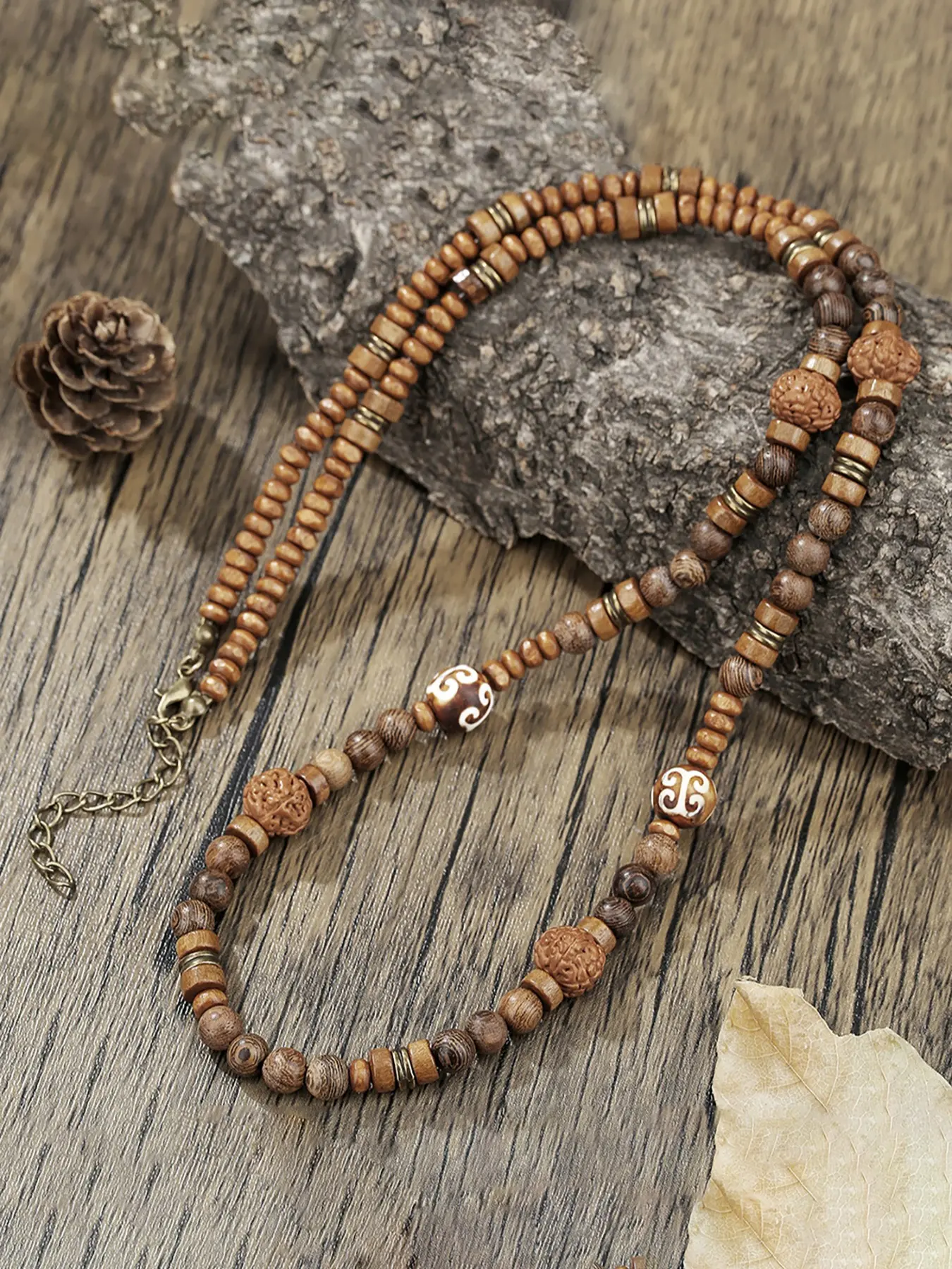 Vintage Wooden Beaded Necklace for Men, Dainty Boho Necklace, Beaded Chains, Boho Style Jewelry for Party, Daily Clothing Decor, Trendy All-match & Exquisite Jewelry for Birthday Gift, Decorative Beaded Necklaces, Accessory Beaded Chain