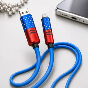 4 in 1 Electronic Mobile USB-A to Lightning/TYPE-C Fast Charging & Sync Cable, Patriotic Red White Blue iPhone Charger Cord with Durable Metallic Connectors, Soft Flexible Thick Cable for iPhone/iPad - Home, Car Use