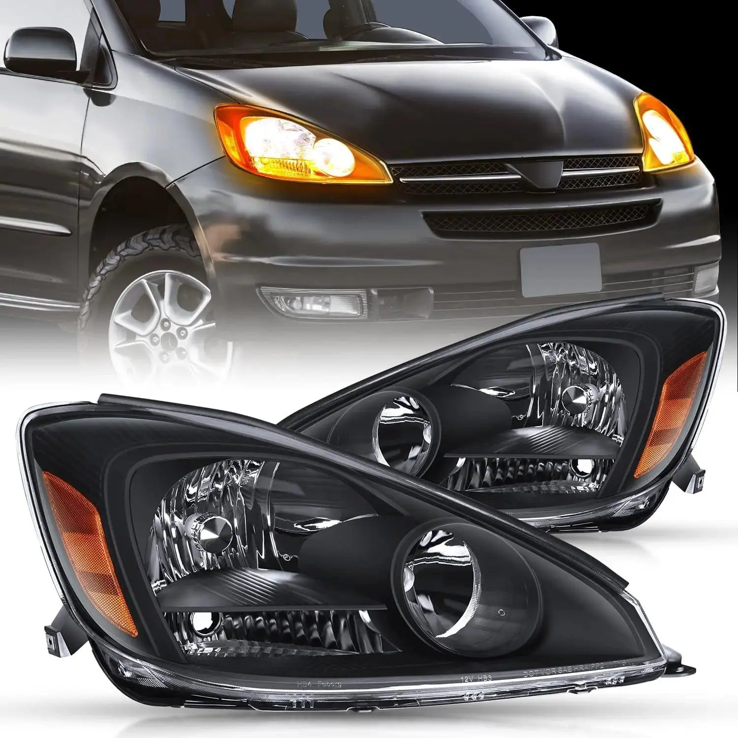 Nilight 2004 2005 Toyota Sienna Headlight Assembly Black Housing Amber Reflector Upgraded Clear Lens