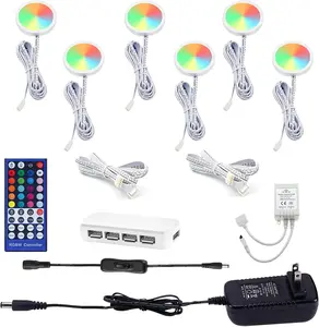 Color Changing Christmas Under Cabinet LED Lights – IR Control Multi-Color Puck Lights for Kitchen Shelf Counter, 6 Lights 18W RGBWW (RGB + Warm White)