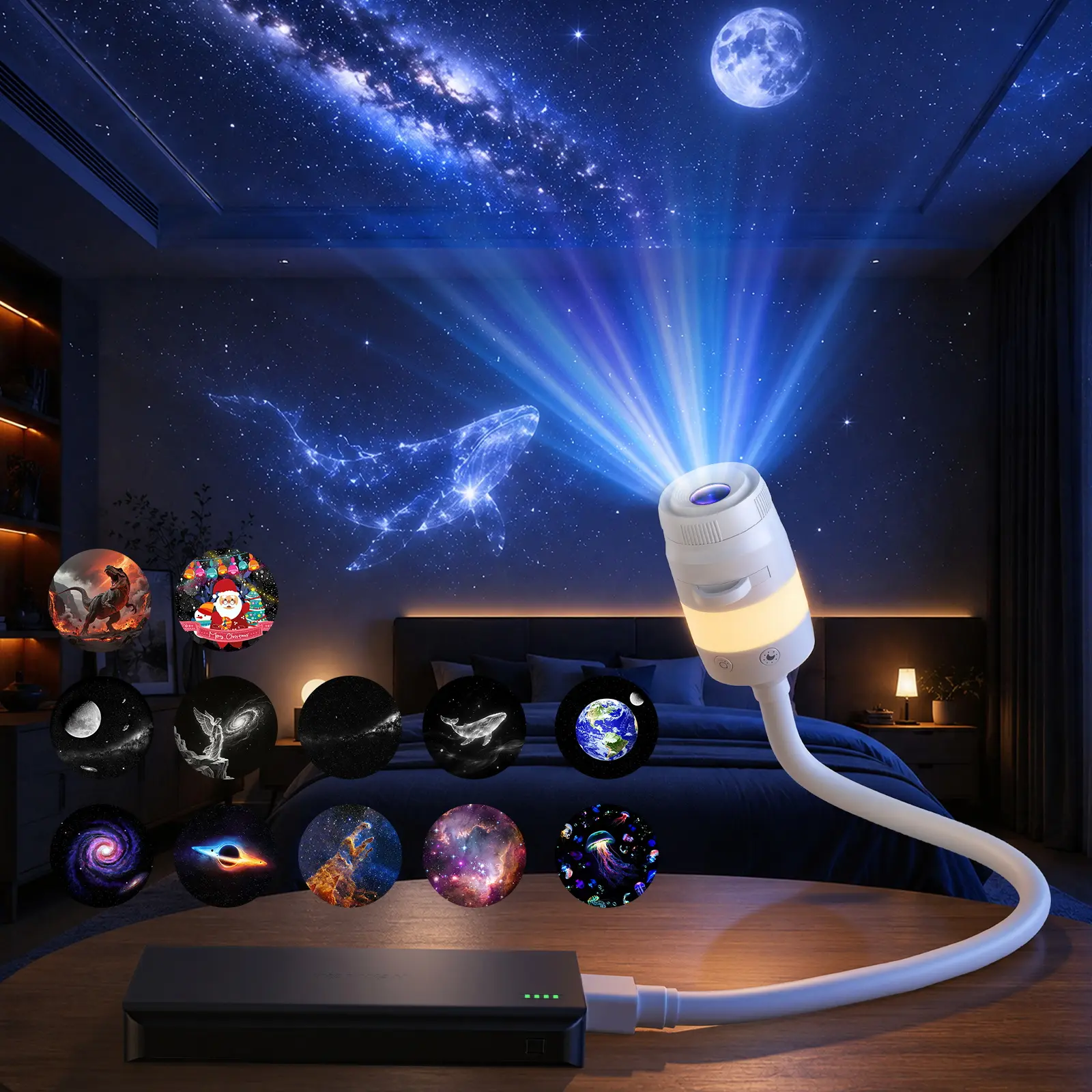 3-in-1 Starry Sky Projector Night Light, Portable USB LED with 3/12 Interchangeable Films, Adjustable Brightness, Touch Control, Mini for Bedroom Ceiling Home Decor, Halloween/Christmas Gift sohochic