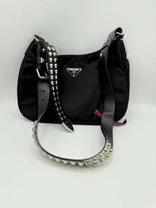Pre-owned PRADA Black Nylon Hobo Bag with Silver Studded Strap