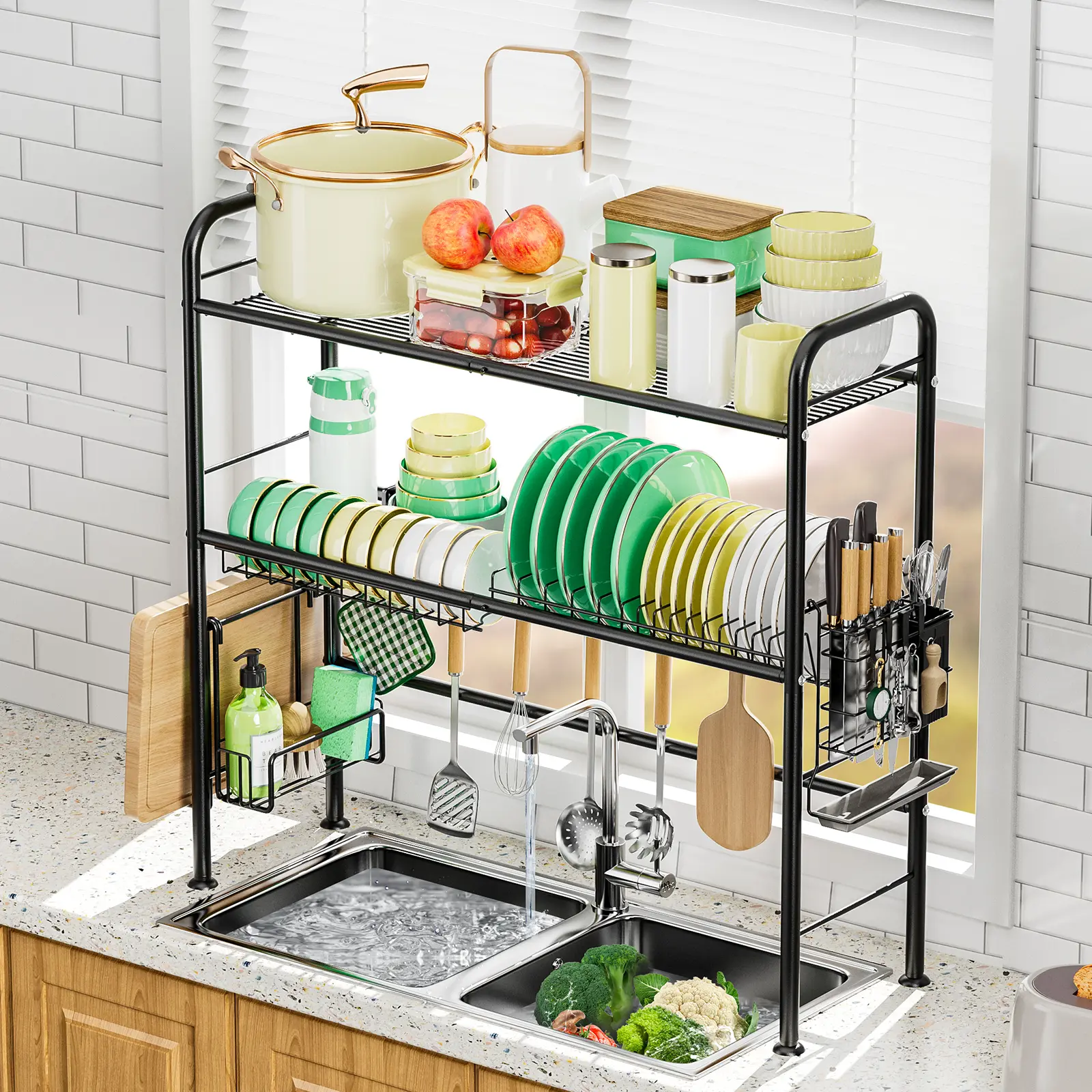 【Holiday Dreals】San Dream Over The Sink Dish Drainer Drying Rack Dishes Drying Rack Large Capacity Kitchen Organizer Mount with Utensil & Knife Holder 2-Tier