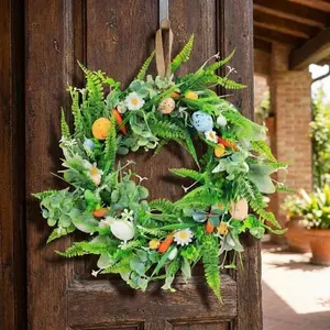18 Inch Easter Wreath for Front Door Outside, Easter Egg Wreath with Flowers and Green Leaves, Spring Easter Door Wreath Decorations, Artificial Easter Wreaths for Front Door
