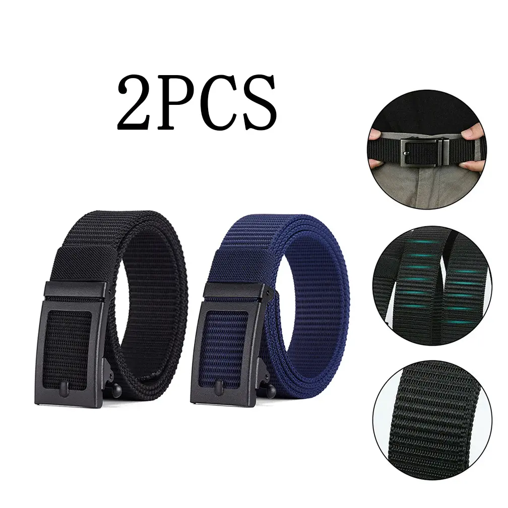 Men's 2-Pack Minimalism Nylon Ratchet Tactical Belts - 47-Inch No-Hole Design Slide Waist Band, Durable Metal Buckle, Lightweight Breathable, Universal Fit, Sleek and Modern Look, Reliable Closure for DIY Luggage & Bag Accessories