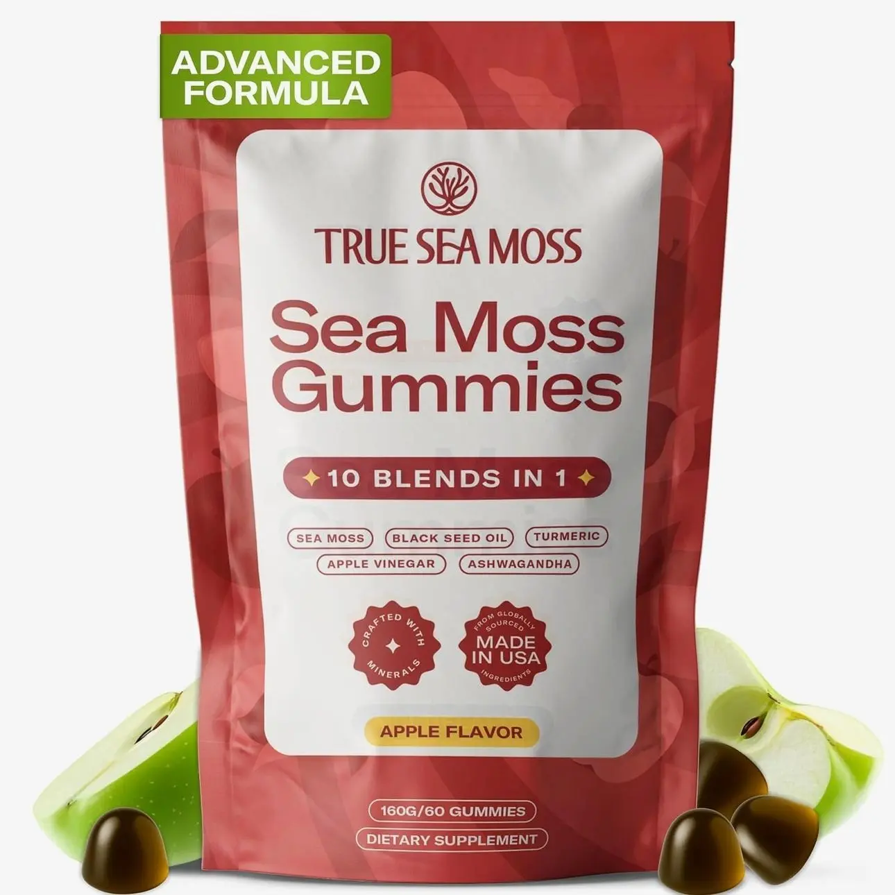 TrueSeaMoss Sea Moss & Apple Cider Vinegar Gummies – 10-in-1 Blend with Black Seed Oil, Ashwagandha, Turmeric, Burdock Root & Bladderwrack – 60 Gummies