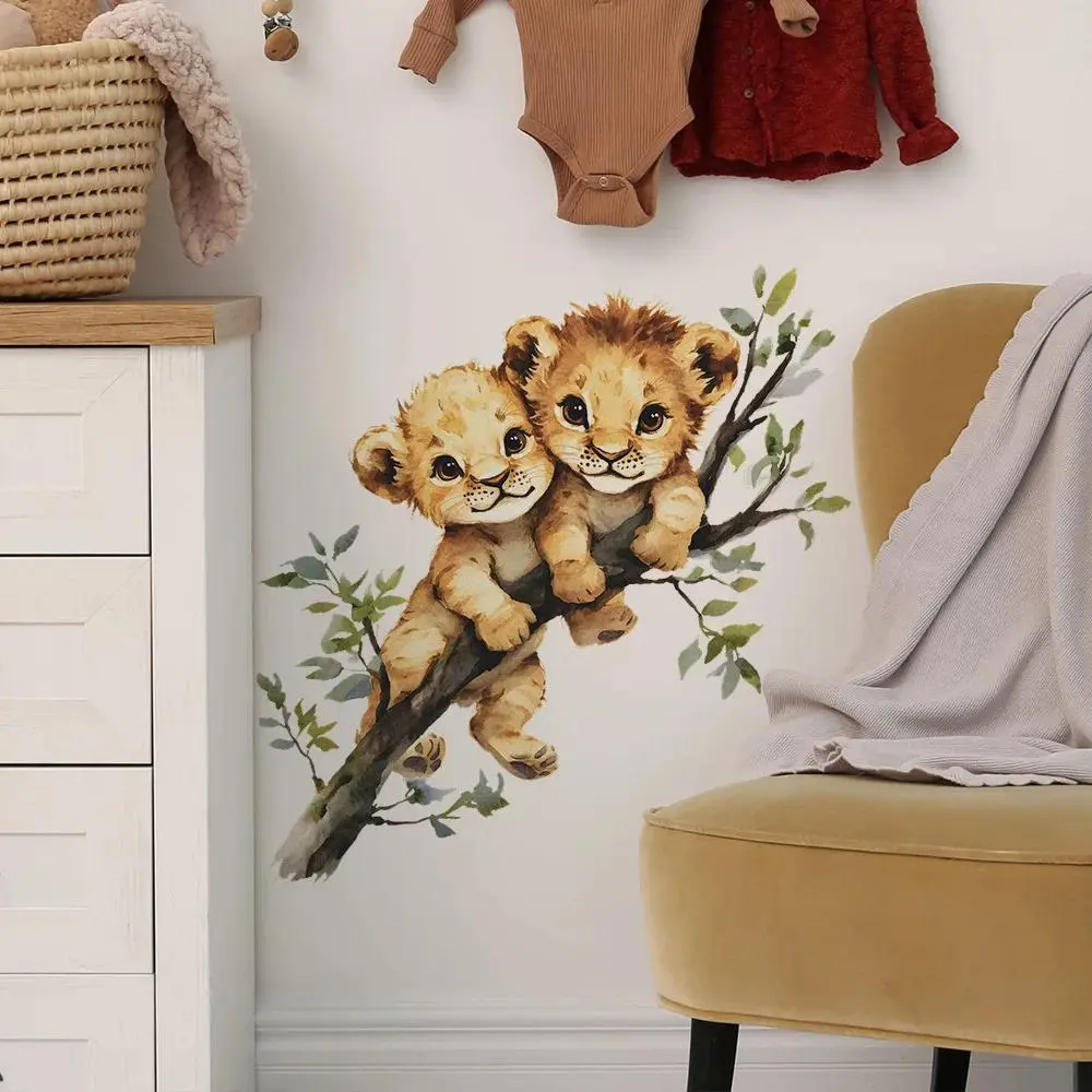 Contemporary Branch-Shape Flat Cartoon Lion Pre-Pasted Self-Adhesive Wall Stickers - Home Decor, Room Decor for Bedroom, Living Room
