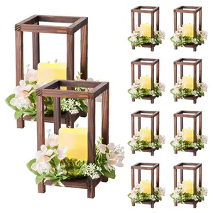 VEVOR 10 Set/30 Pcs Wooden Wedding Lantern Centerpiece, Includes 10 Wooden Lantern Candle Holder 10 Flameless LED Candle 10 Champagne Flower Wreath for Wedding Table Party Farmhouse Decor, Brown