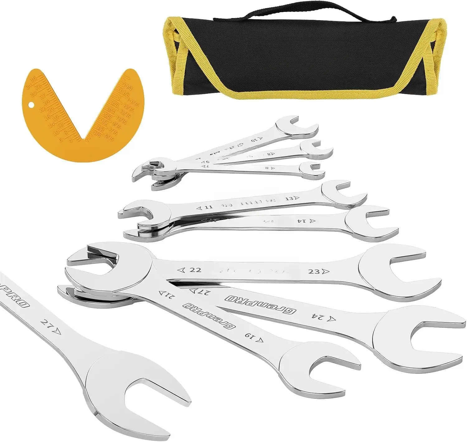 Super-Thin Metric Wrench Set, Open End Wrench Set, 9 count 5.5, 7, 8, 9, 10, 11, 12, 13, 14, 17, 19, 21, 22,23,24,27mm, Slim Spanner Organizer Rolling Pouch with Gauge, Small Wrenches Tools Sets