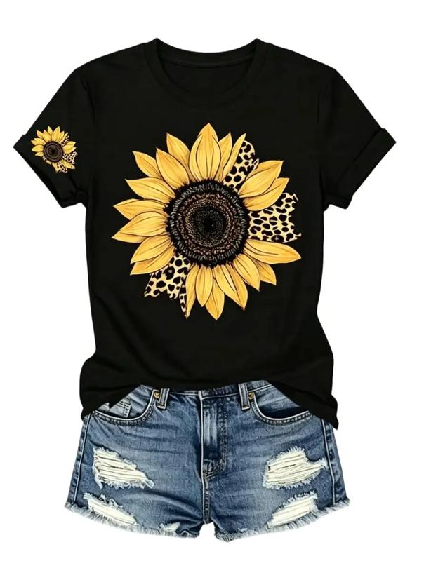 Women's Soft White Cotton Crewneck Oversized Western Country T-Shirt - Mini Leopard Sunflower Shortsleeve Print, Large Floral Front Graphic, Garment for Vacation Holiday Gift (Denim-Inspired Style Option, Pair with Bottoms), Jeans