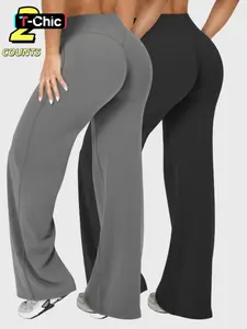 2 PCS Women's High Waisted Elastic Wide Leg Pants, Sports Bottoms, Yoga Training Pants, Loose Fit, Suitable for Yoga and Pilates, Comfortable Daily Wear, All Seasons