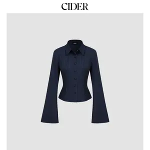 Cider Collar Striped Cinched Waist Bell Sleeve Shirt