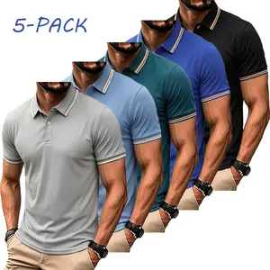 Men’s 5-Pack Short Sleeve Polo Shirts, Striped Collar & Cuffs, Breathable Piqué Fabric, Wrinkle Resistant, Casual Golf, Business, Everyday Wear