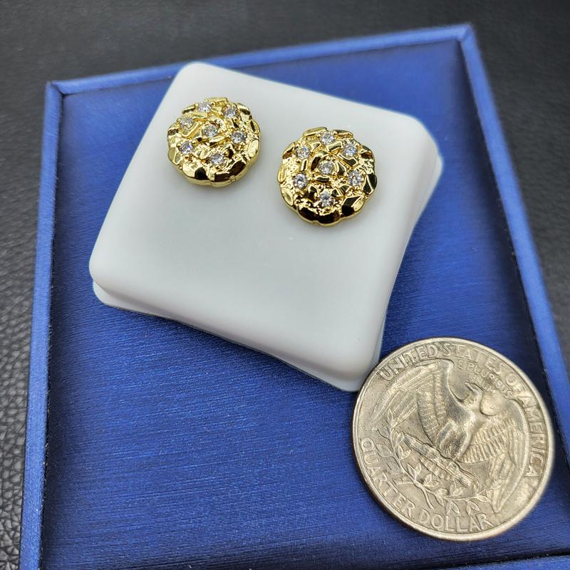 14K Gold Plated Brass Golden Nugget Cookie Stud Earrings with Cubic Zirconia Unisex 4 Sizes 12mm 14mm 16mm 20mm High Quality Polished