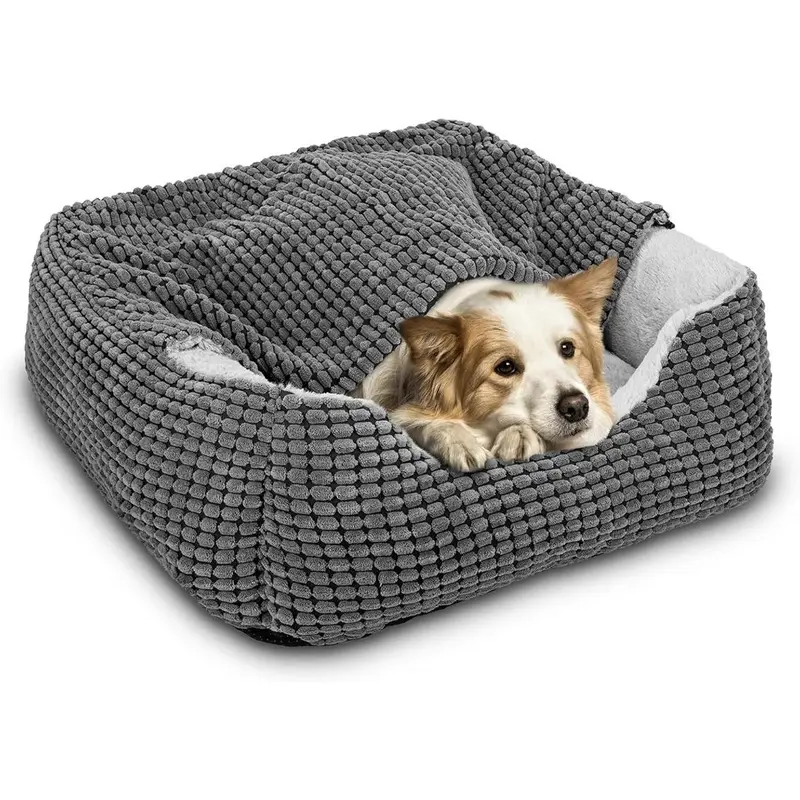Dog Beds for Large Medium Small Dogs, Rectangle Cave Hooded Blanket Puppy Bed, Luxury Anti-Anxiety Orthopedic Cat Beds for Indoor Cats, Warmth and Machine Washable (35 inches, Grey)