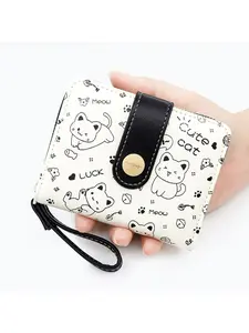Simple Cute Cat Wallet Ladies Short with Bucket Coin Pocket Multi-functional Purse with Hand Strap