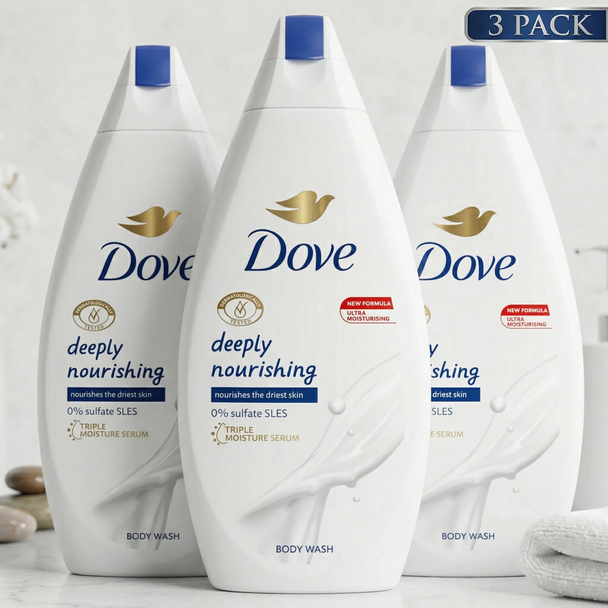 Dove Deeply Nourishing Body Wash with 1/4 Moisturizing Cream, Daily Shower Cleanser & Moisturizer for Fresh and Clean, Youthful Skin (3 Pack, 15.2oz/450ml)