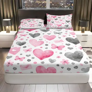 3Pcs Heart Butterfly Floral Fitted Sheet Three Piece Set (1*Fitted Sheet+2*Pillowcases, Coreless), Valentine's Day theme, Romantic Decorative Bedding Set, Mattress Protector Soft, Breathable