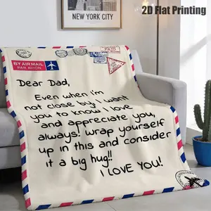 1pc Handwritten Dear Dad Throw Blanket Suitable for Sofa Snuggling, Bed Warmth - Cozy Flannel Bedspread with Airmail Letter, - Gift for Fathers Day, for Dads, Family, or, Hand Wash Only (Multicolor), 2D Flat