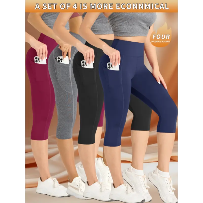 [4-Pack High Waisted Compression Leggings] 4-Pack High Waisted Yoga Capris, Booty Sculpting Compression Leggings With Side Phone Pocket, Fitness Pants