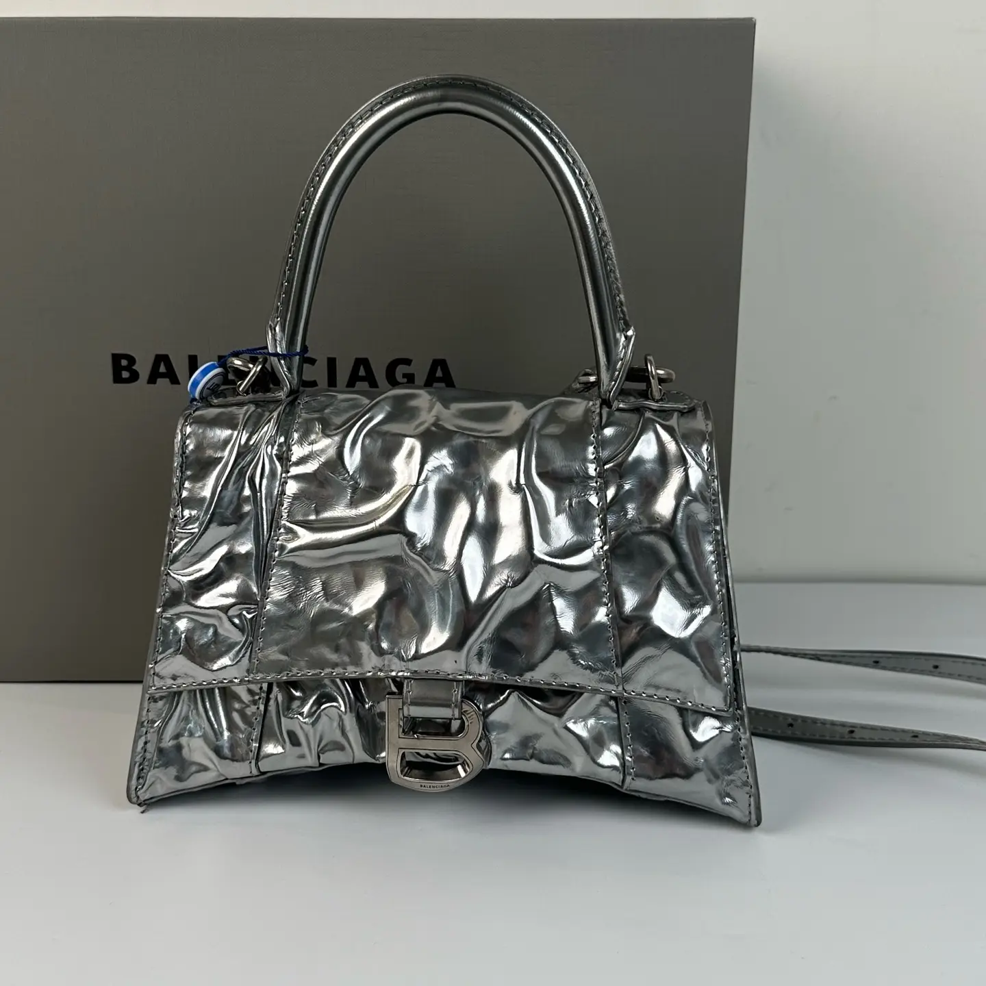 Pre-owned Balenciaga Metallic Silver Crushed Leather Crush Mini Top Handle Flap Crossbody Bag