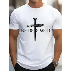 Four Seasons T-shirt, Redemption Cross Nails Faith in God Jesus - Men's Casual T-shirt - Graphic Print - Retro Fashion Round Neck, Men's Top Short Sleeve, Comfortable and Breathable Fabric - Suitable for Daily Outdoor Wear Streetwear Crewneck