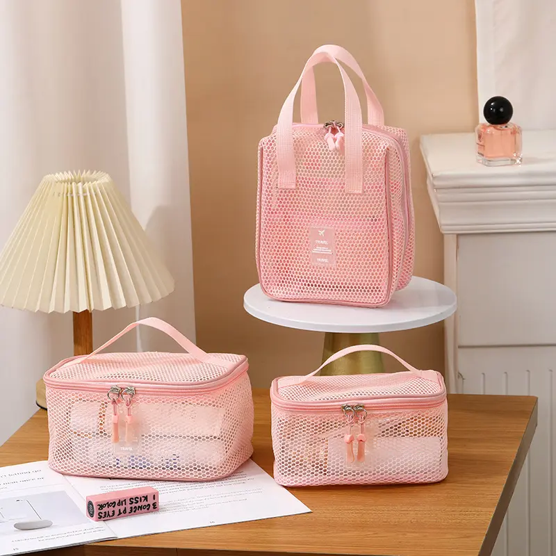 Hollow Embroidery Mesh Makeup Bag, High-Capacity Multi-Function Storage Organizer, Portable Box Shape Cube for Travel Cosmetics, Travel Use, Cube Type, Portable Travel